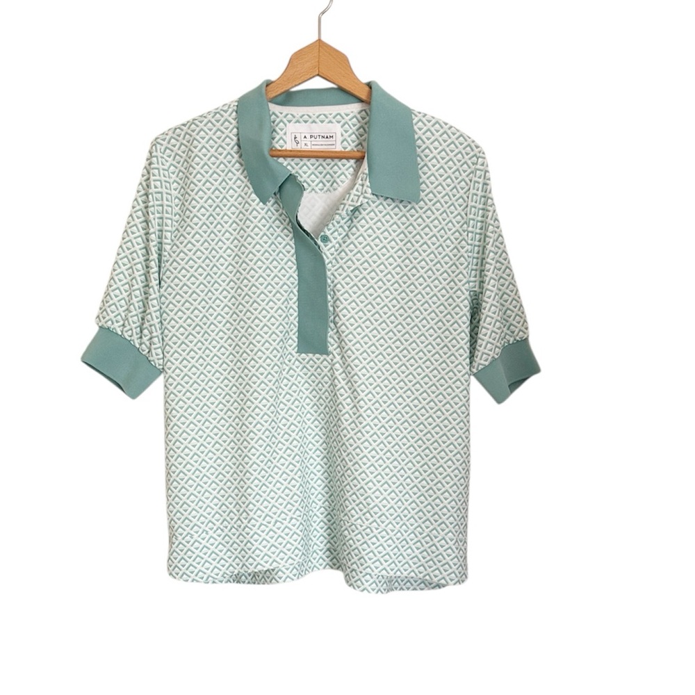A. Putnam Luxury Golf Polo Collared Shirt Top - Teal Geometric Print - XL